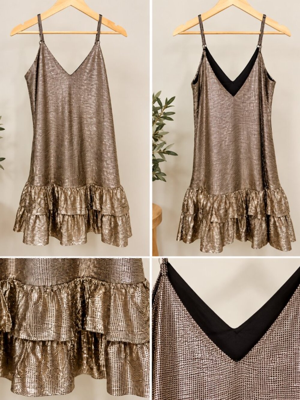 Metallic Gold Paisley Ruffle Hem Mini Dress Spaghetti Strap